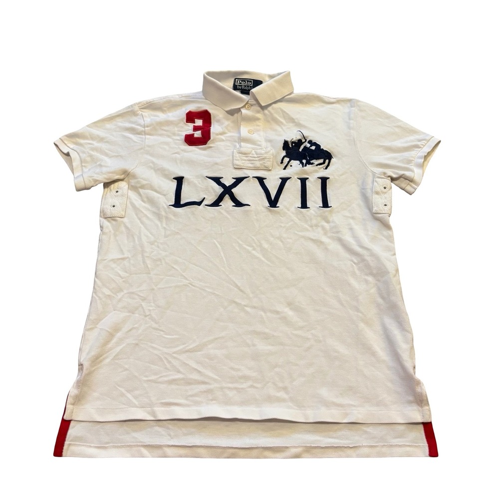 Polo Ralph Lauren Mens White Big Pony LXVII Custom Fit Polo Shirt Size M 3 Patch